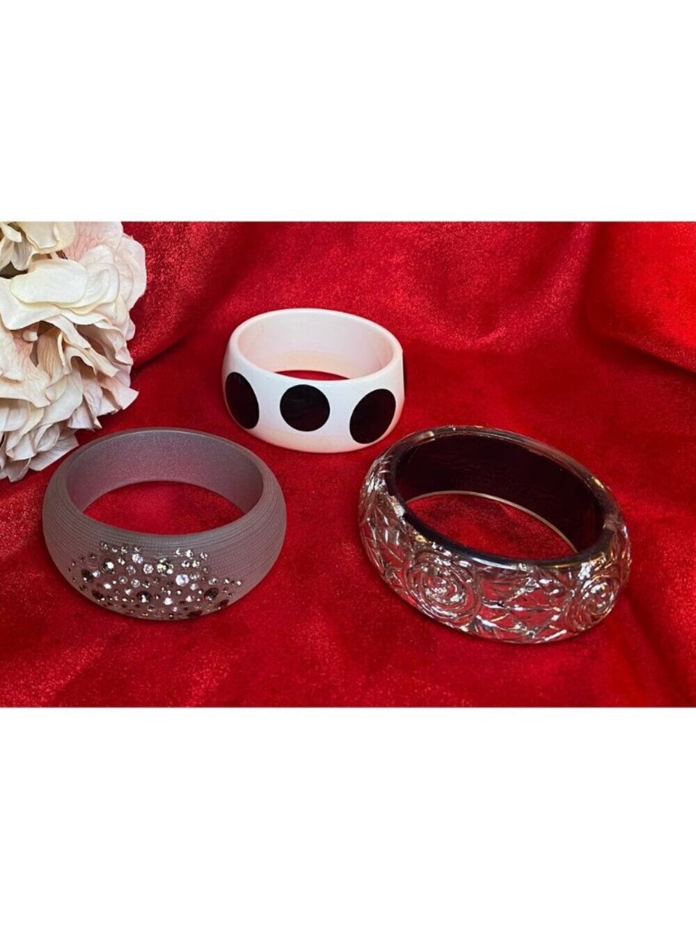 Retro Bangle Bracelet Lot Polka Dot Rhinestone Lucite Resin Set Of 3 Vintage - Picture 4 of 8